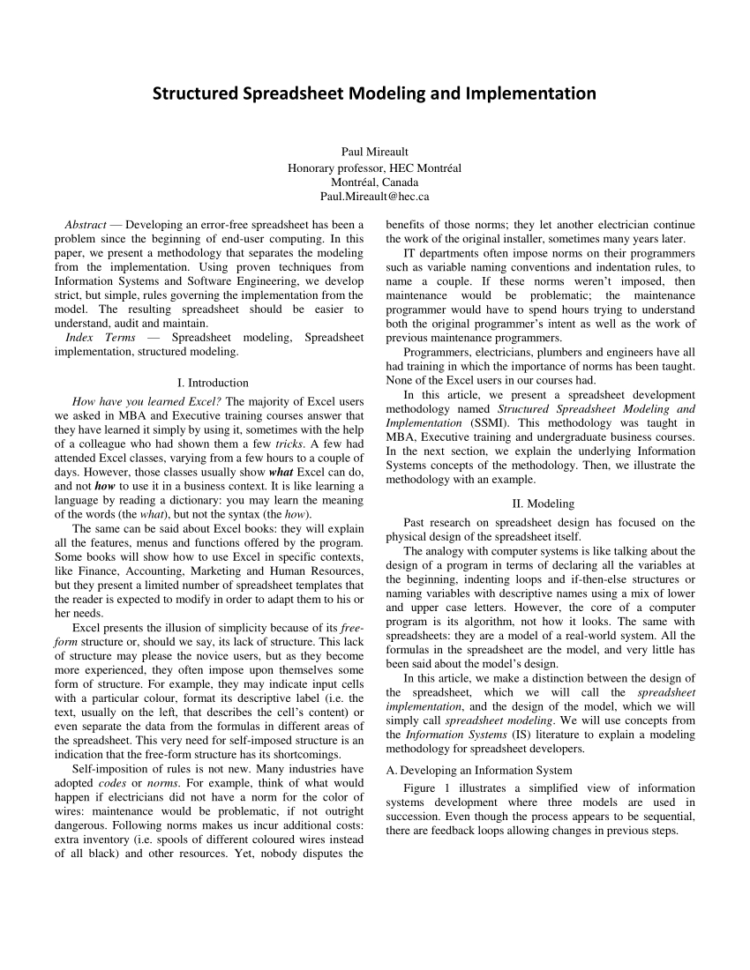 Spreadsheet Modeling Intended For Pdf Structured Spreadsheet Modeling And Implementation