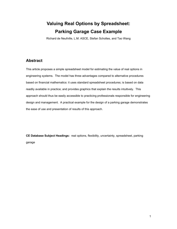 Spreadsheet Modelling Examples With Regard To Pdf Real Optionsspreadsheet: Parking Garage Case Example