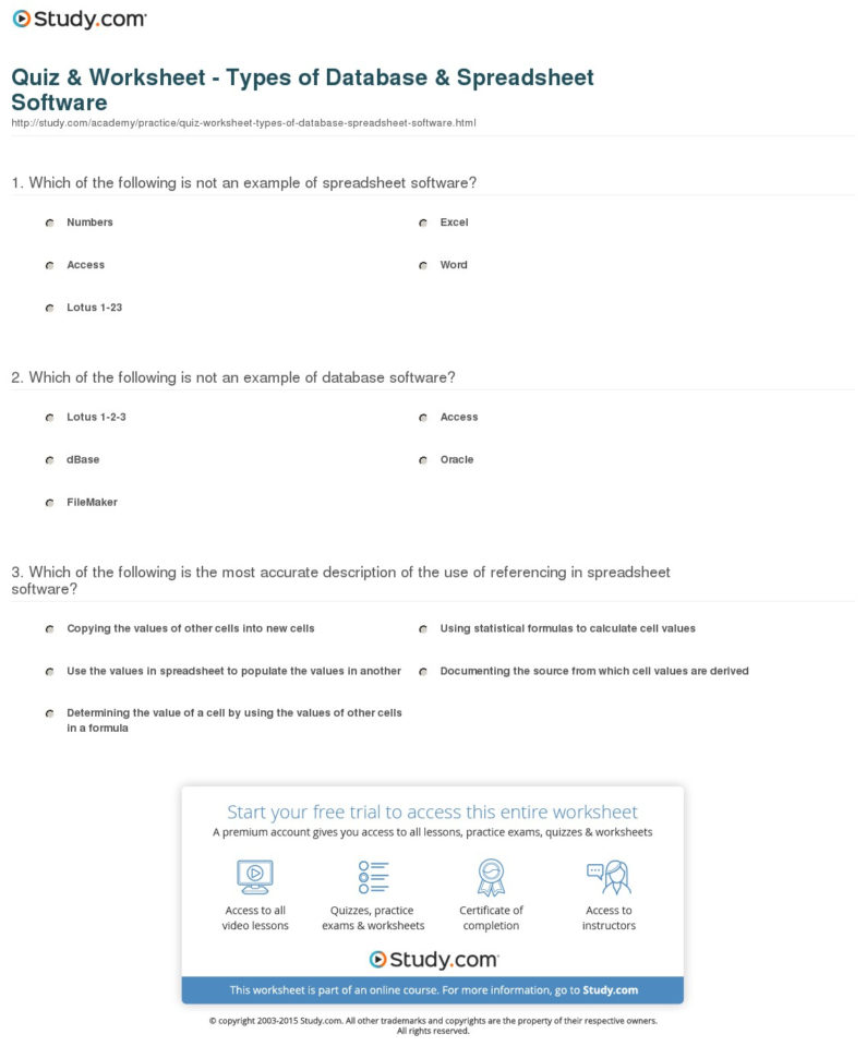 Spreadsheet Quiz For Quiz  Worksheet  Types Of Database  Spreadsheet Software  Study