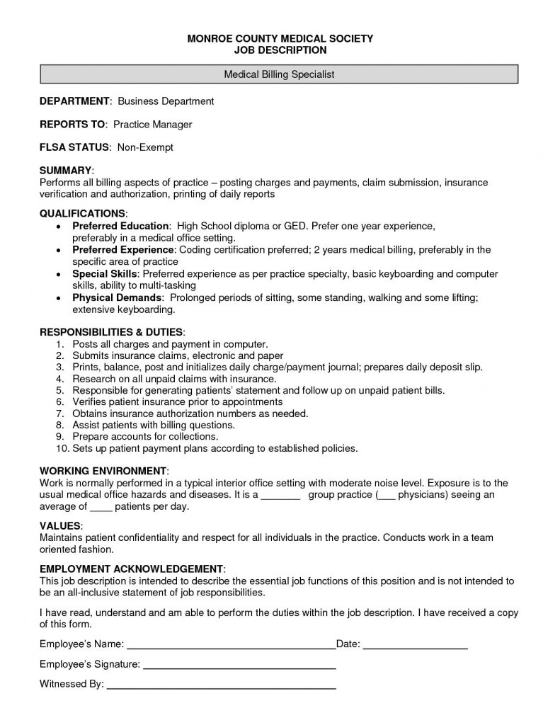 Spreadsheet Specialist Job Description Regarding Sample Resume For Medical Billing Specialist Job Description Free