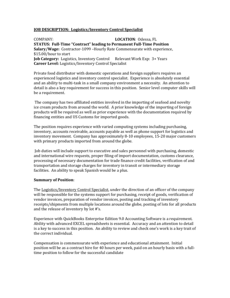 Spreadsheet Specialist Job Description Within Jobdescriptionlogistics+Inventorycontrol
