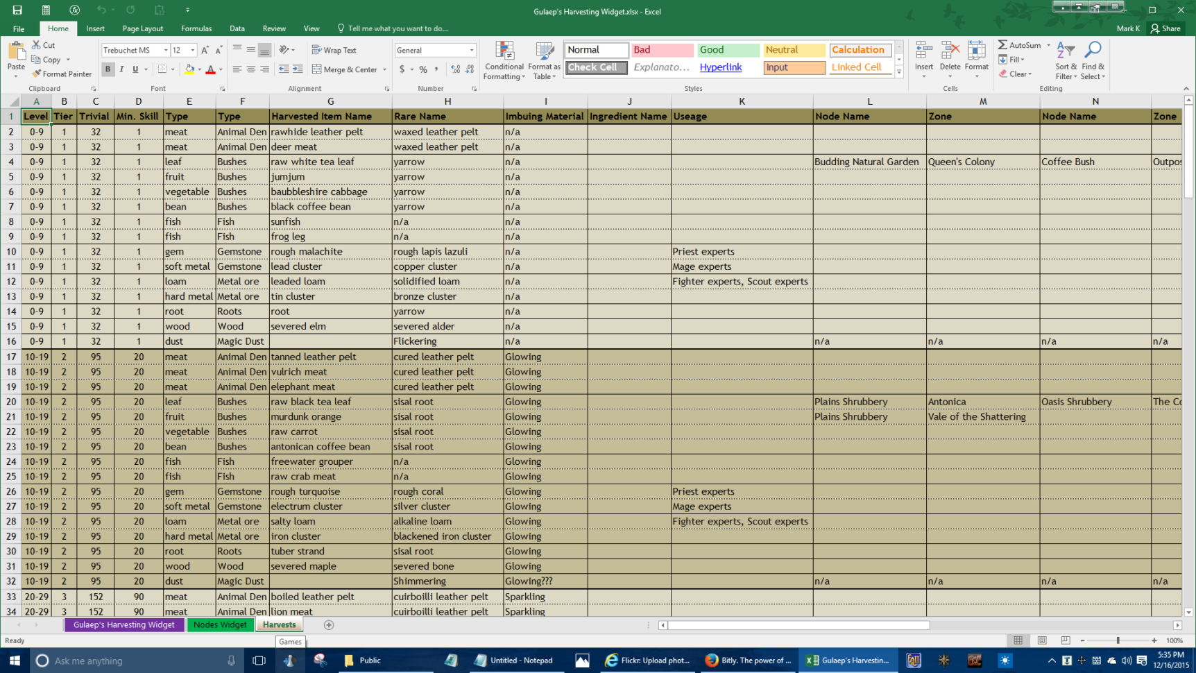 Spreadsheet Widget For Gulaep's Harvesting Widget Excel Spreadsheet  Everquest 2 Forums