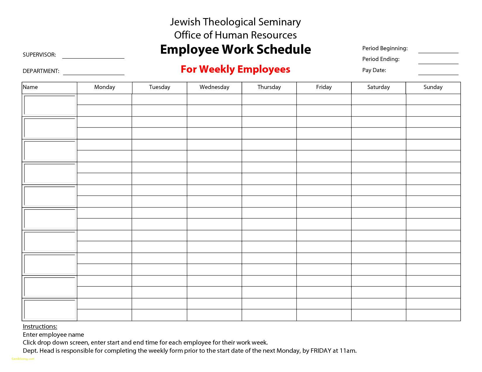 10 week work schedule template