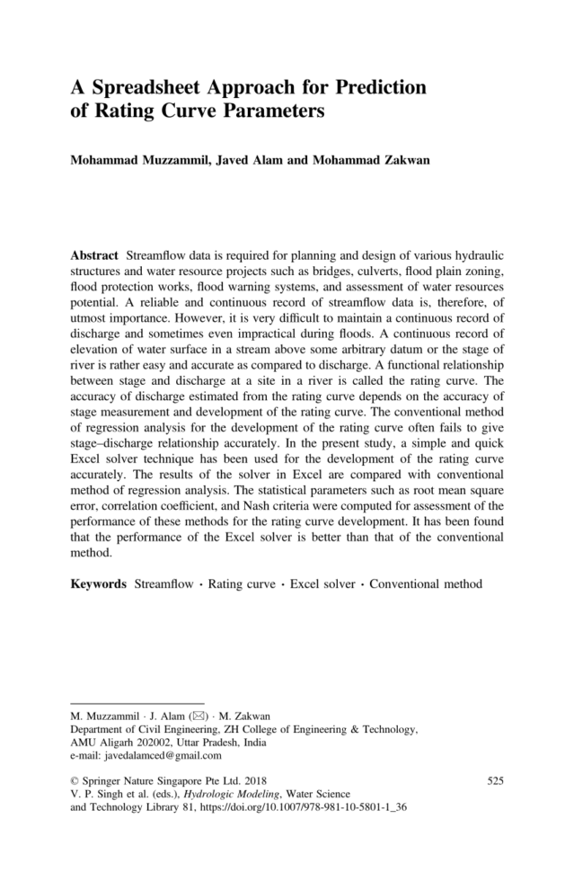 Stage Storage Discharge Spreadsheet Inside Pdf A Spreadsheet Approach For Prediction Of Rating Curve Parameters