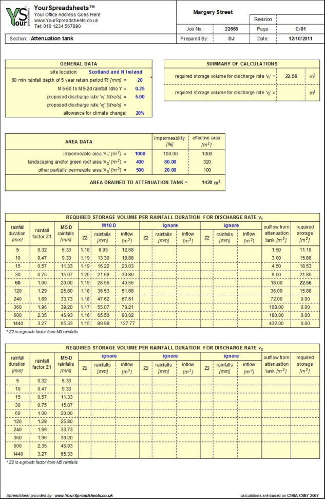 Stormwater Drainage Design Spreadsheet Regarding Attenuation Tank Design Spreadsheet To Ciria C697