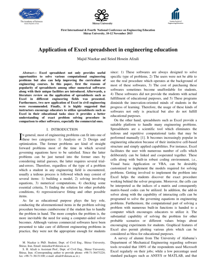 Strong Curves Spreadsheet For Pdf Application Of Excel Spreadsheet In Engineering Education