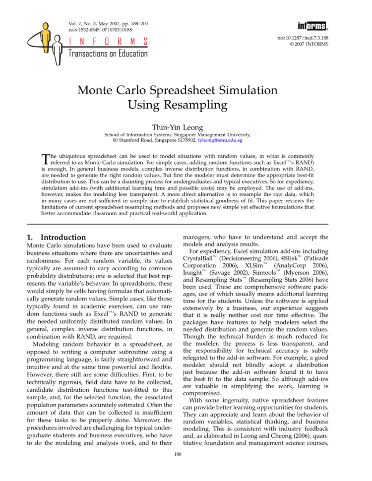 Strong Curves Spreadsheet Regarding Pdf Monte Carlo Spreadsheet Simulation Using Resampling