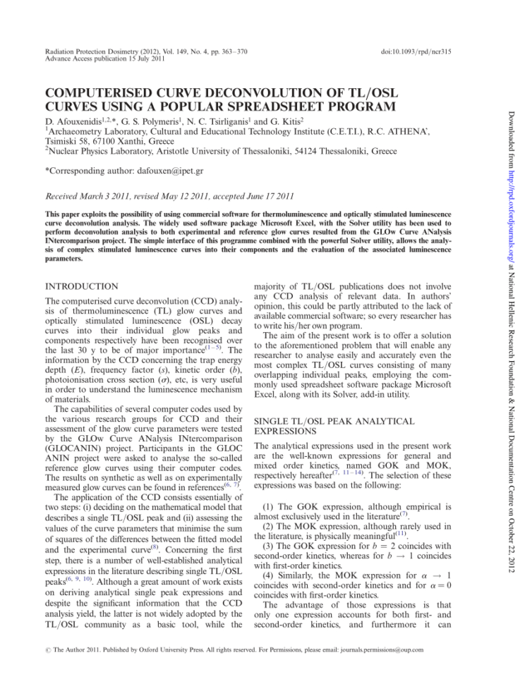 Strong Curves Spreadsheet Within Pdf Computerised Curve Deconvolution Of Tl/osl Curves Using A
