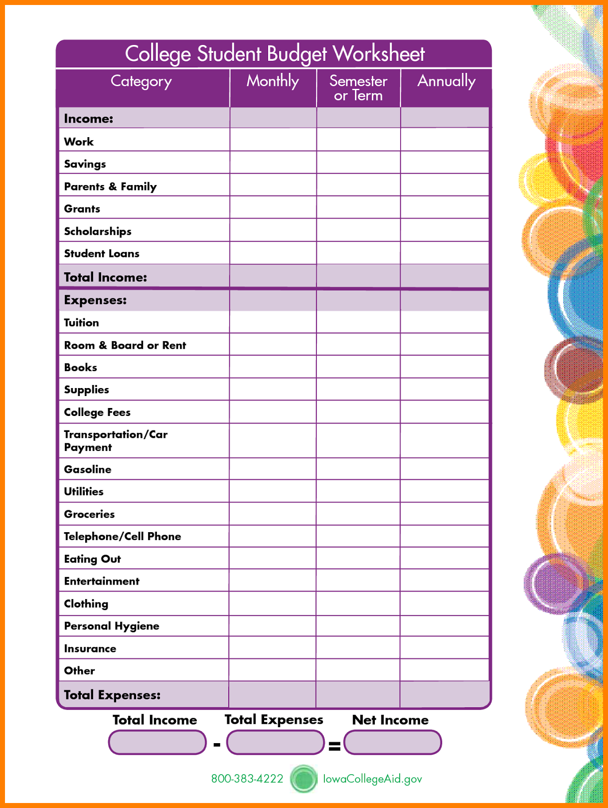 Student Expenses Spreadsheet inside Budget Worksheet For Students