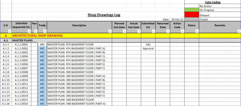 Submittal Log Spreadsheet Db excel