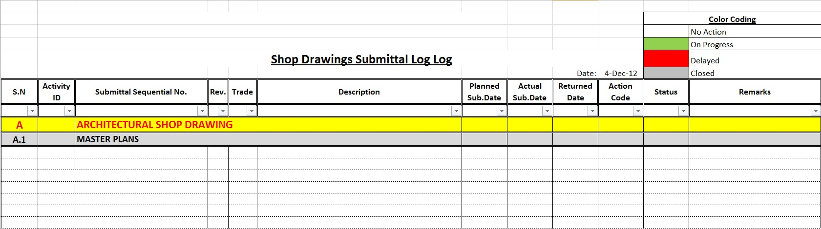Submittal Log Spreadsheet Pertaining To How To Create A Shop Drawings Log With Sample File