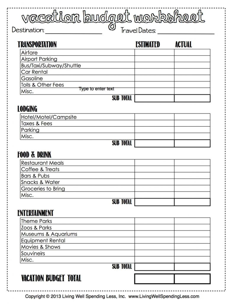 Swimming Pool Budget Spreadsheet For Budget Worksheet Examples Excel Printable Vacation Example Of