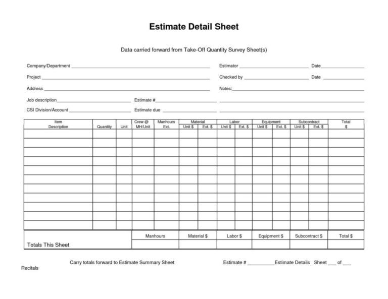 Take Off Spreadsheet With Sample Construction Estimate Form And Carried Forward From Takeoff