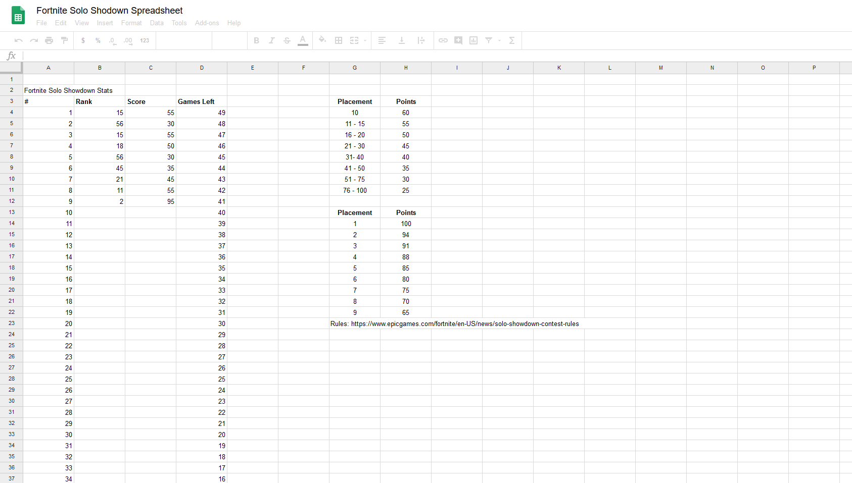 Tournament Spreadsheet Regarding I Made A Quick Spreadsheet For The New Fortnite Tournament To Keep