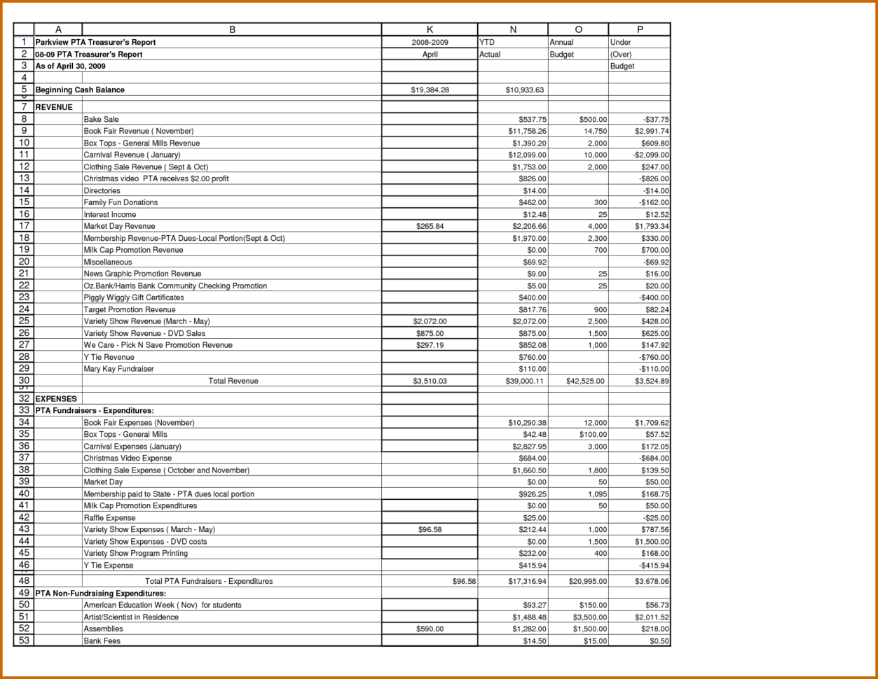 Treasurer #39 s Report Excel Spreadsheet with regard to Pta Treasurerort