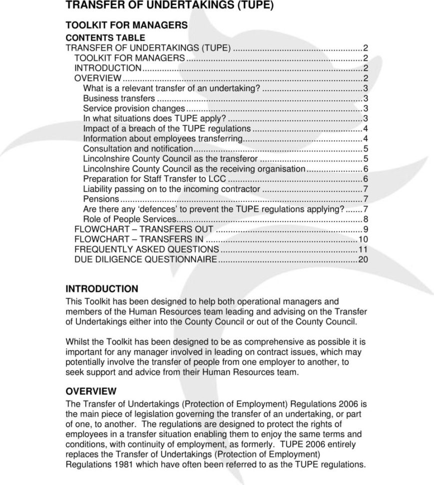 Tupe Due Diligence Spreadsheet Throughout Transfer Of Undertakings Tupe  Pdf