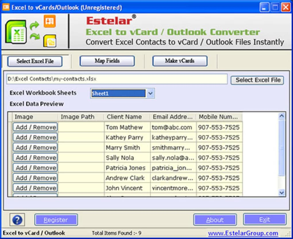 online excell to vcards