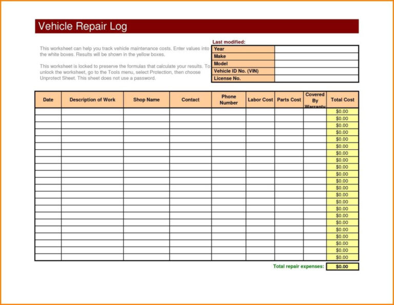 Vehicle Maintenance Log Sheet