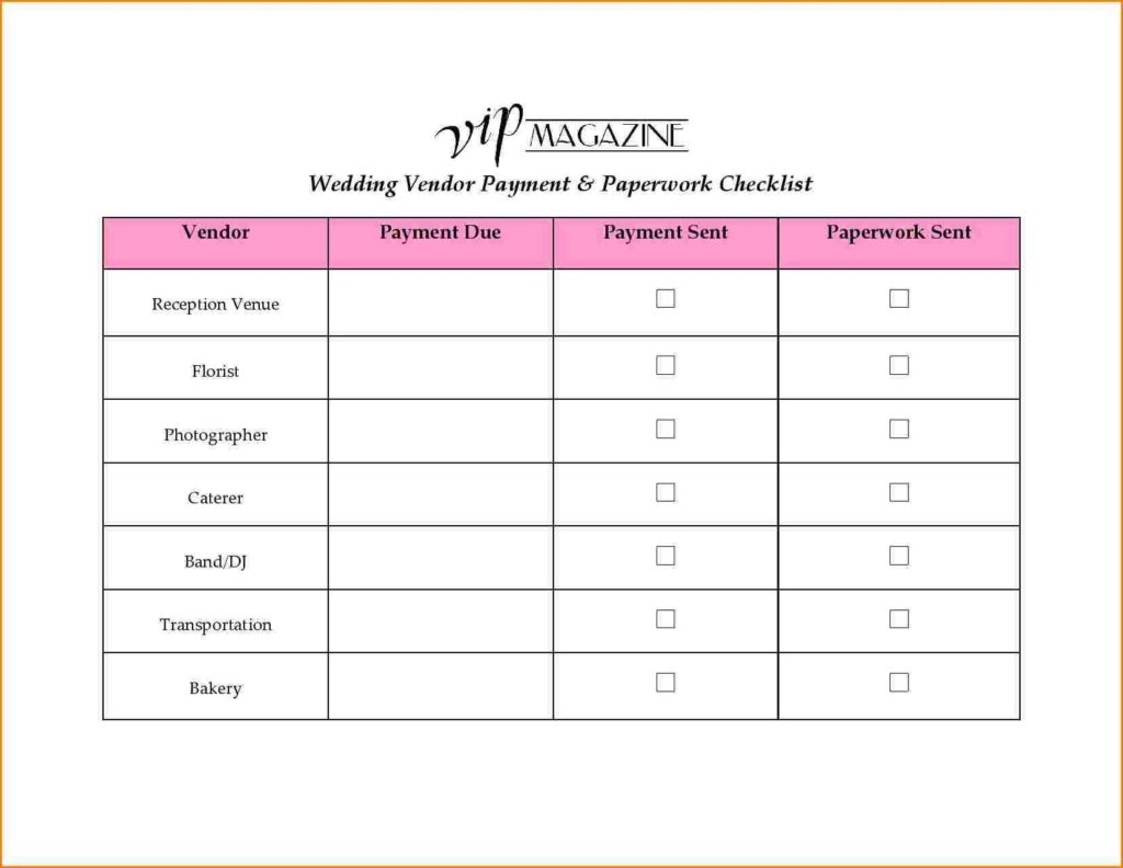 Wedding Vendor List Template Excel