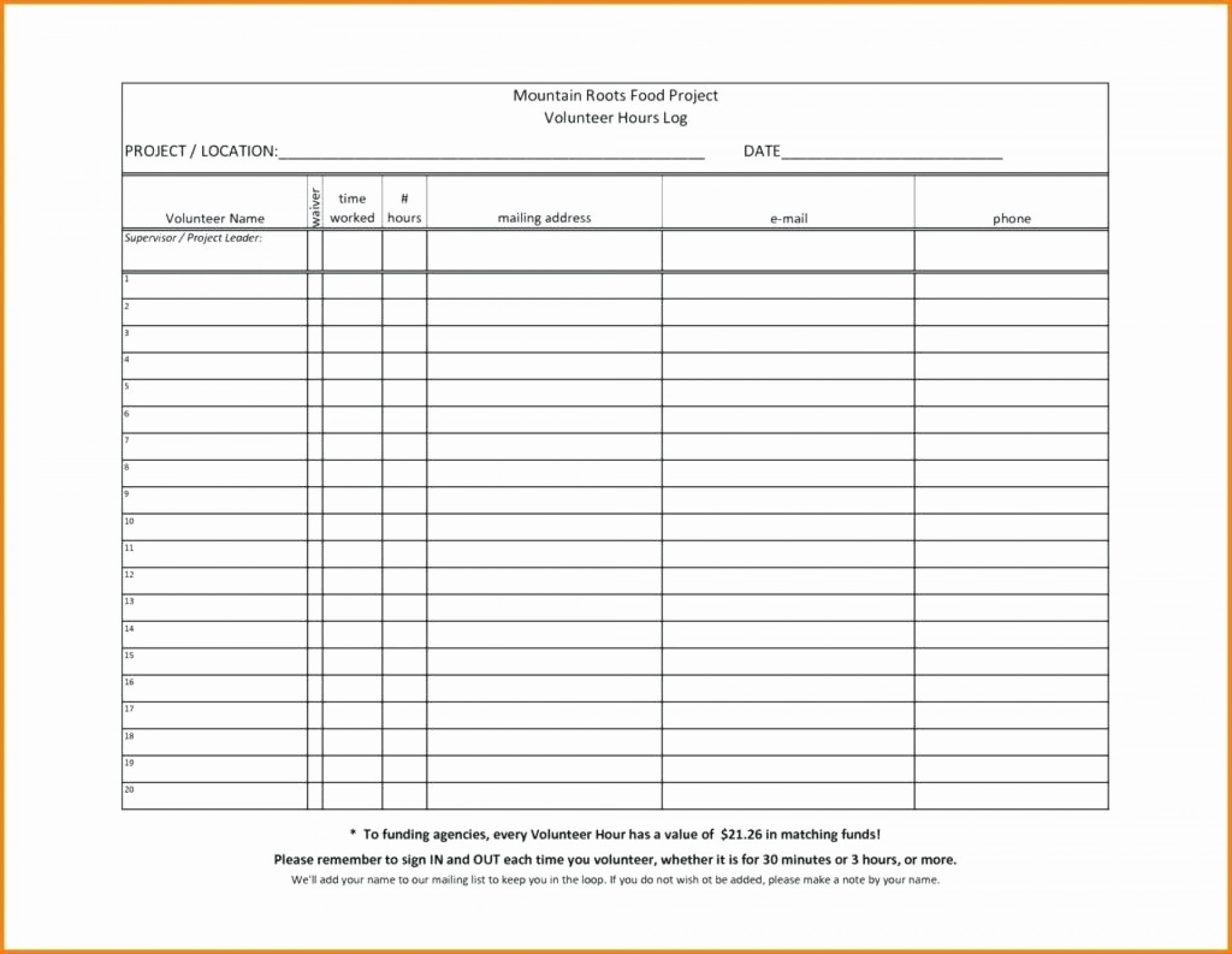 Volunteer Spreadsheet with 004 Volunteer Hours Log Template Sheet
