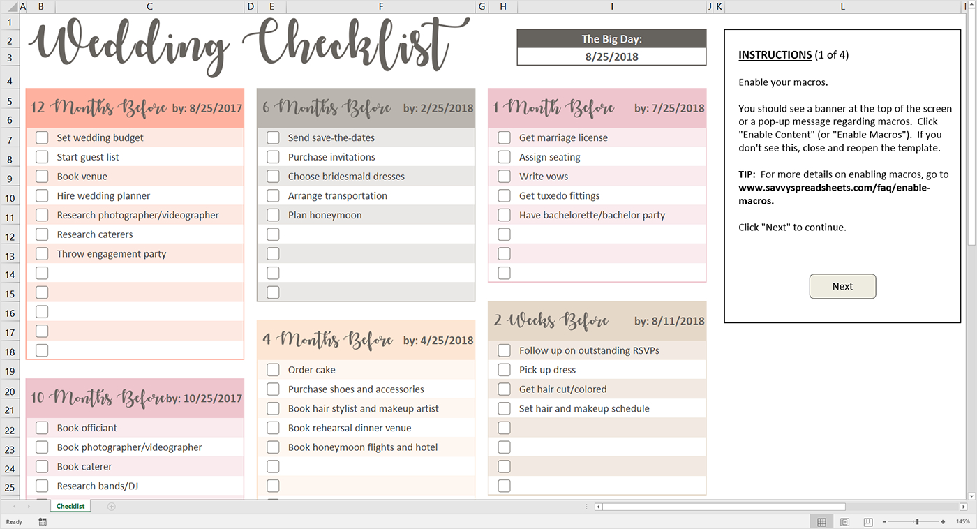 Wedding Checklist Spreadsheet Pertaining To Printable Wedding Checklist  Excel Template  Savvy Spreadsheets