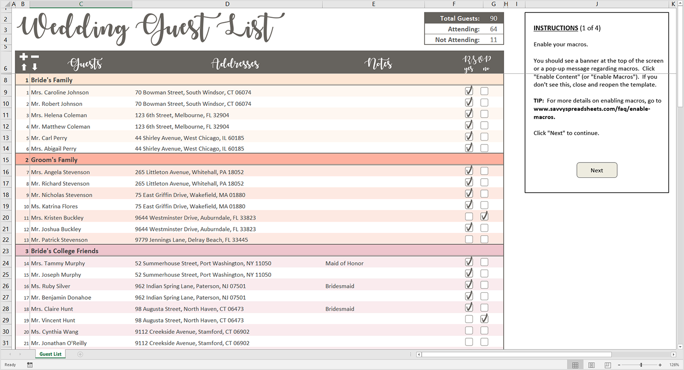 Wedding Guest List Excel Spreadsheet With Regard To Printable Wedding Guest List  Excel Template  Savvy Spreadsheets