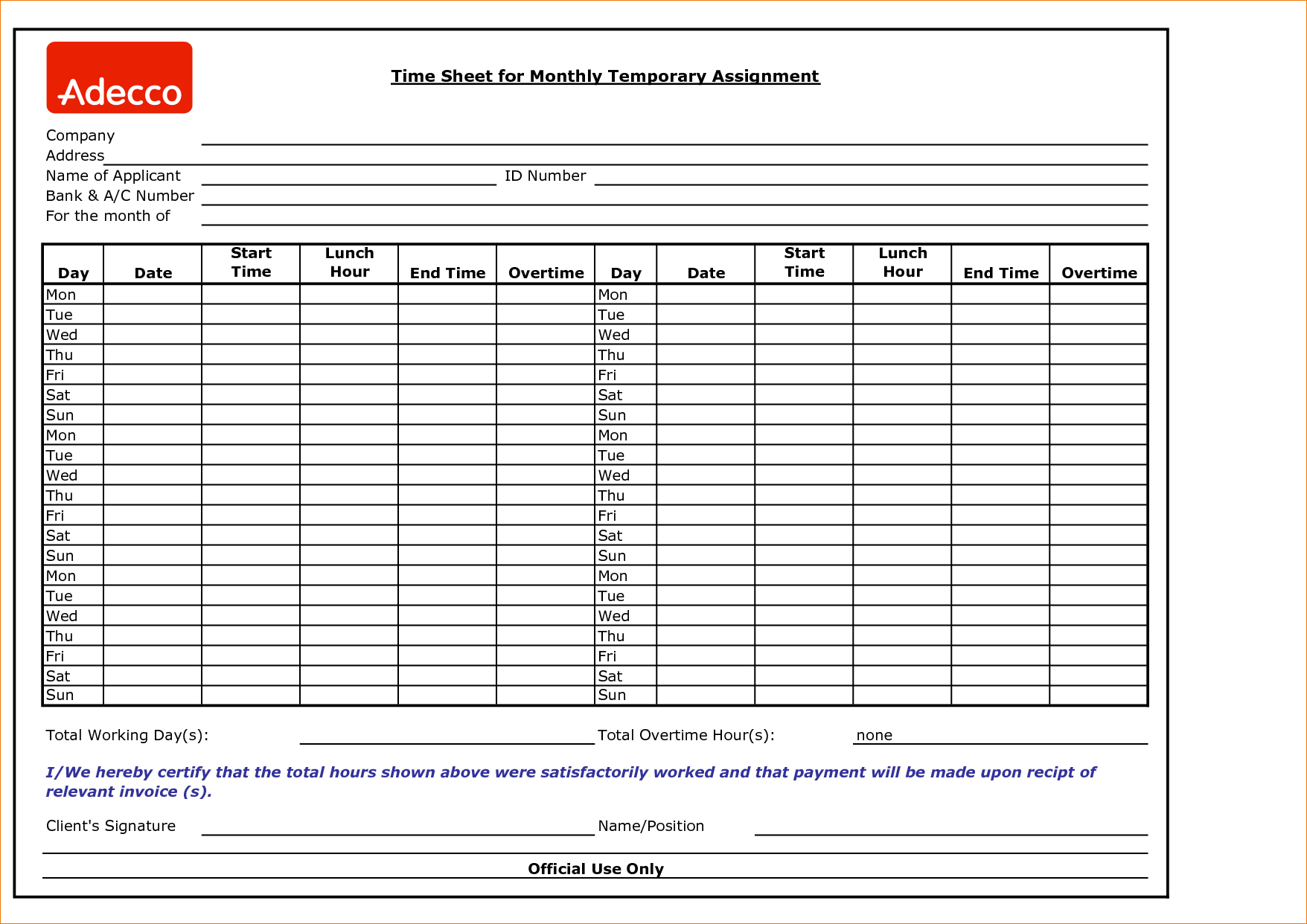 Timesheet Template Pdf Free Download