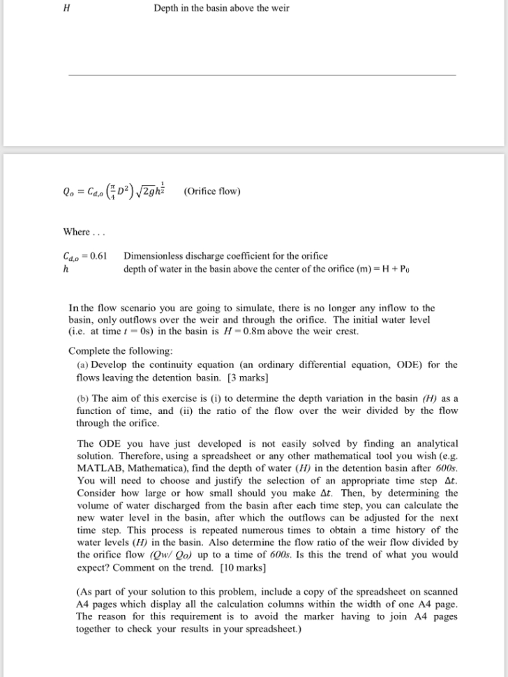 Weir Calculation Spreadsheet For Solved: Depth In The Basin Above The Weir 0Ocand2Ghz Orif