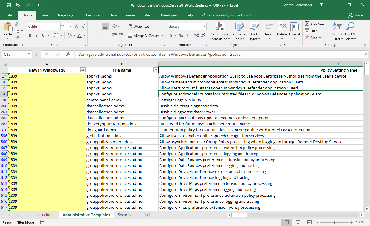 Windows 10 Group Policy Settings Spreadsheet With List Of New Group Policy Items In Windows 10 Version 1809 And