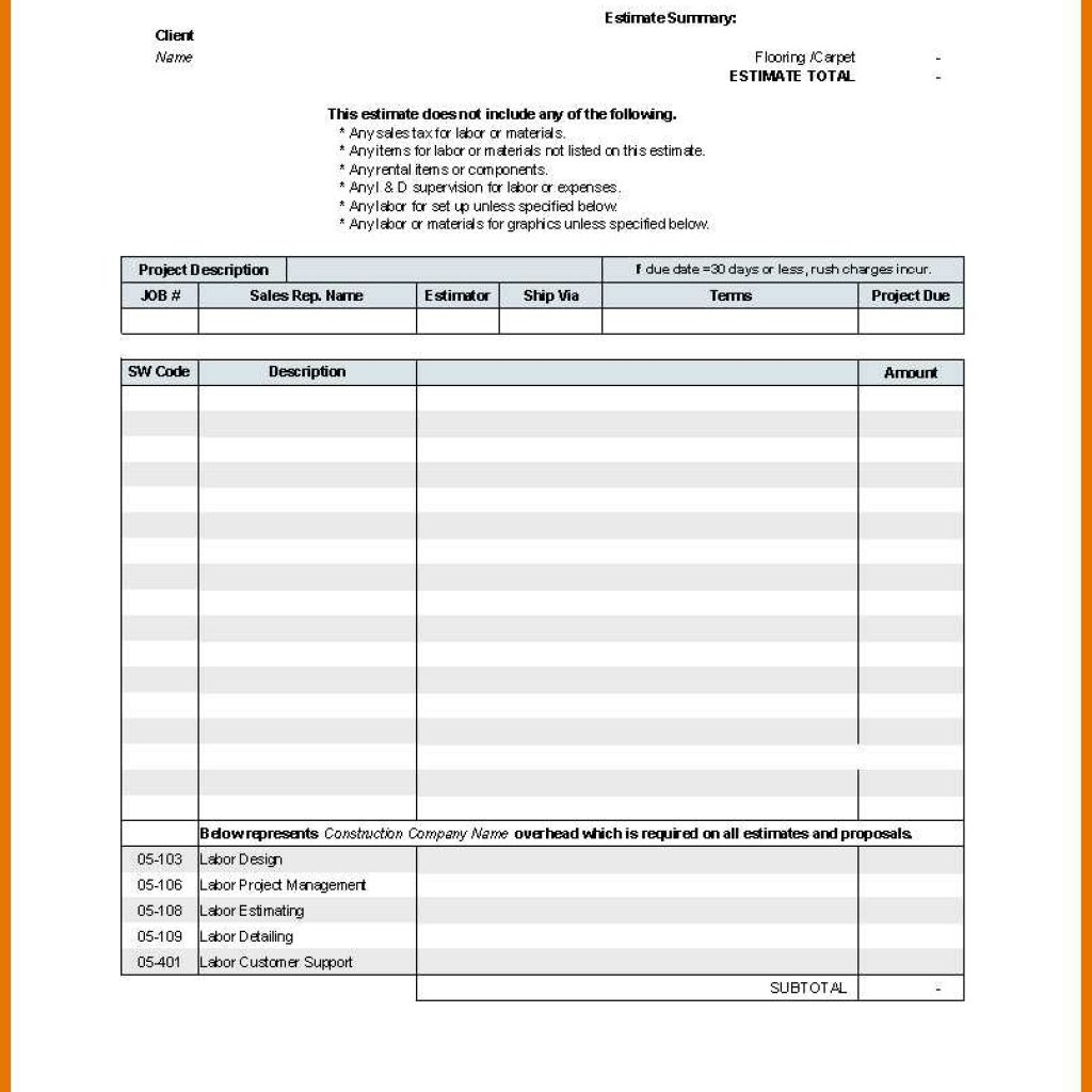 Word Spreadsheet Template Regarding Sample Contractor Estimate Free Form Template Excel Word Spreadsheet