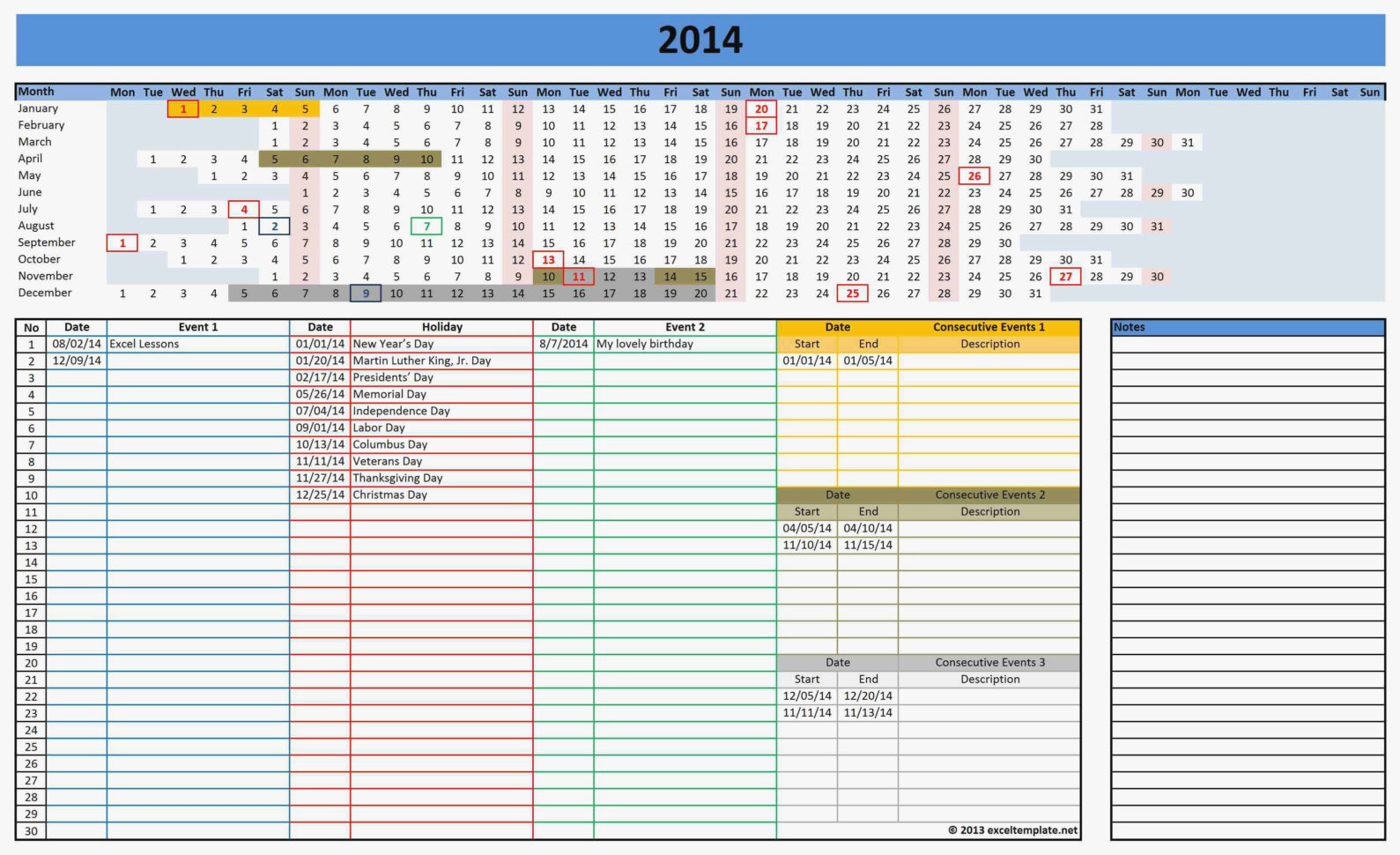Excel Monthly Calendar Template 2014