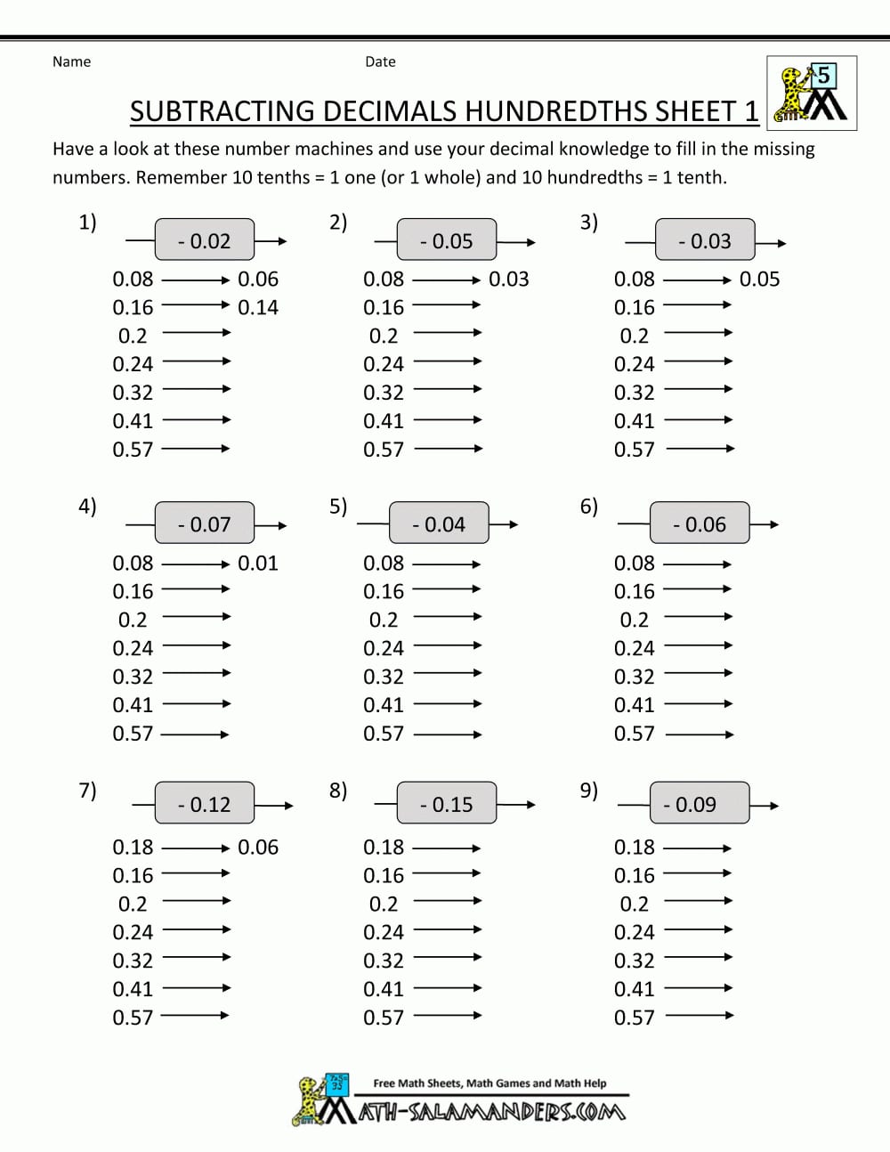 003 Decimals Worksheet Math Worksheets Subtracting