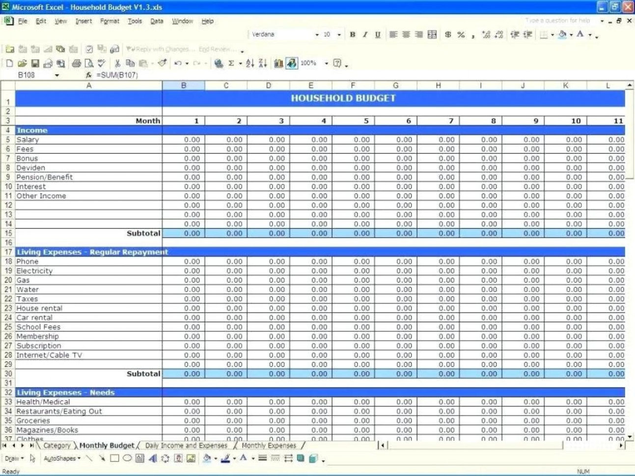 003  Ideas Monthly Budget Spreadsheet Excel
