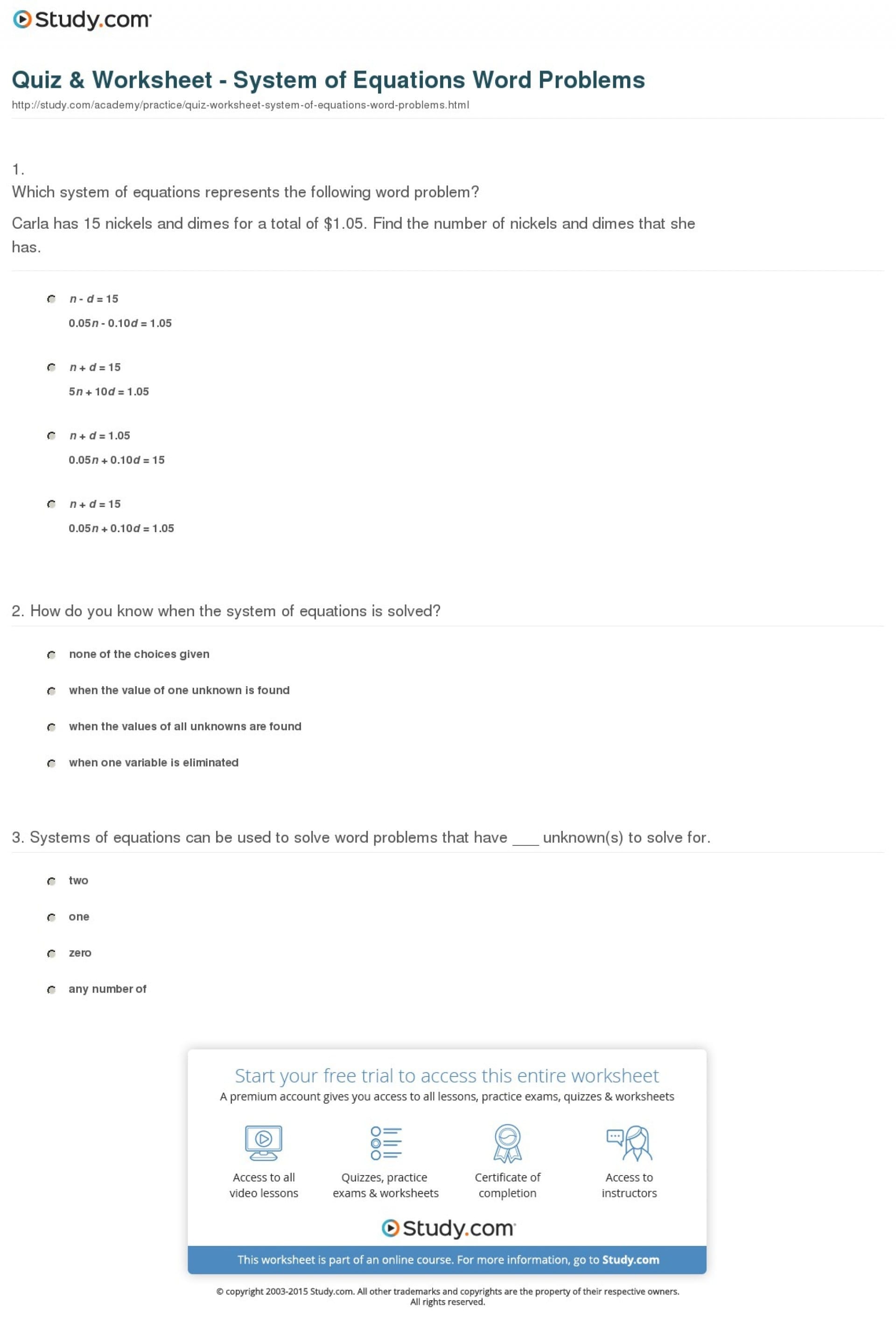 003 Systems Of Equations Word Problems Printable Quiz