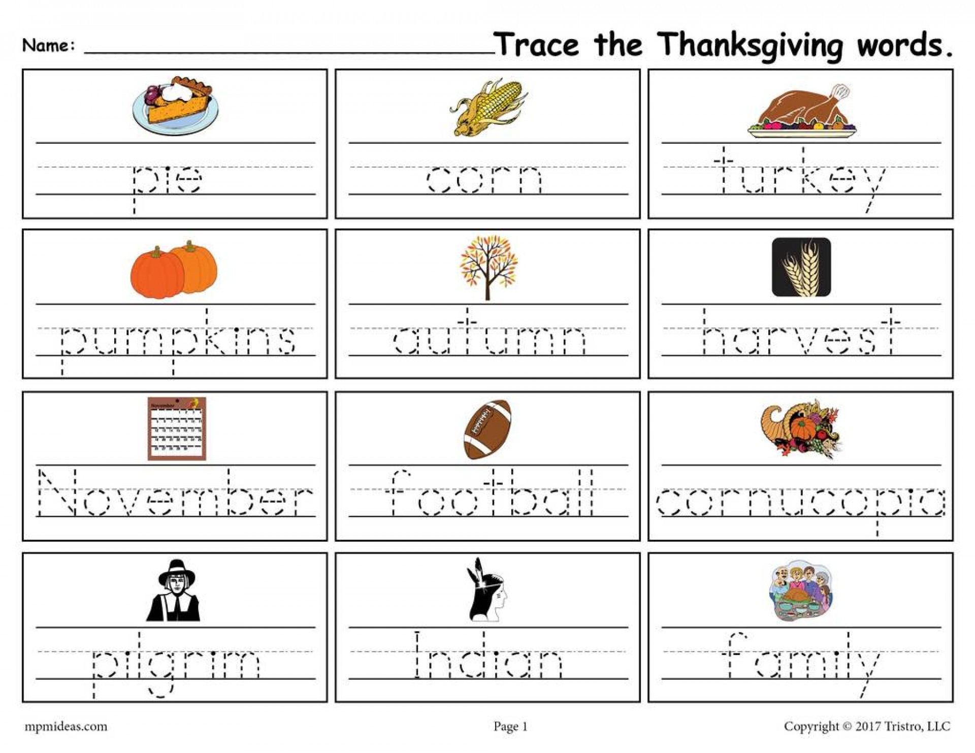 005 Free Printable Word Tracing Worksheets With Thanksgiving