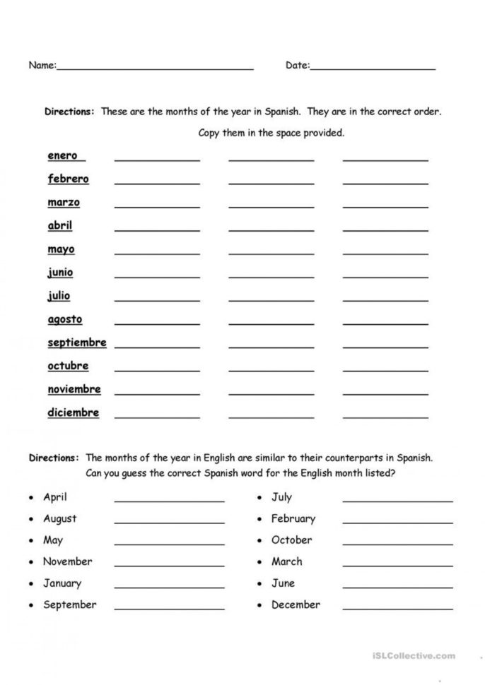 006 Printable Spanish Englishs Worksheets Spelling Months Of The