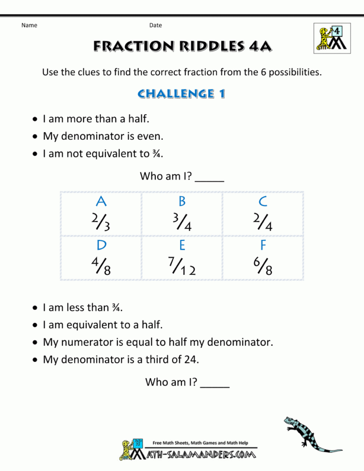 010 4Th Grade Fractions Riddles Free Incredible Fraction
