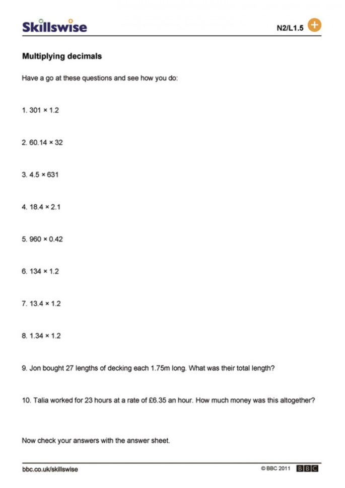 010 Decimals Worksheet Ma04Deci L1 W Multiply Marvelous