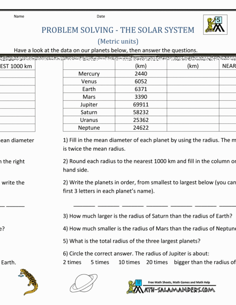 010 Middle School Math Problems The Solar System Metric