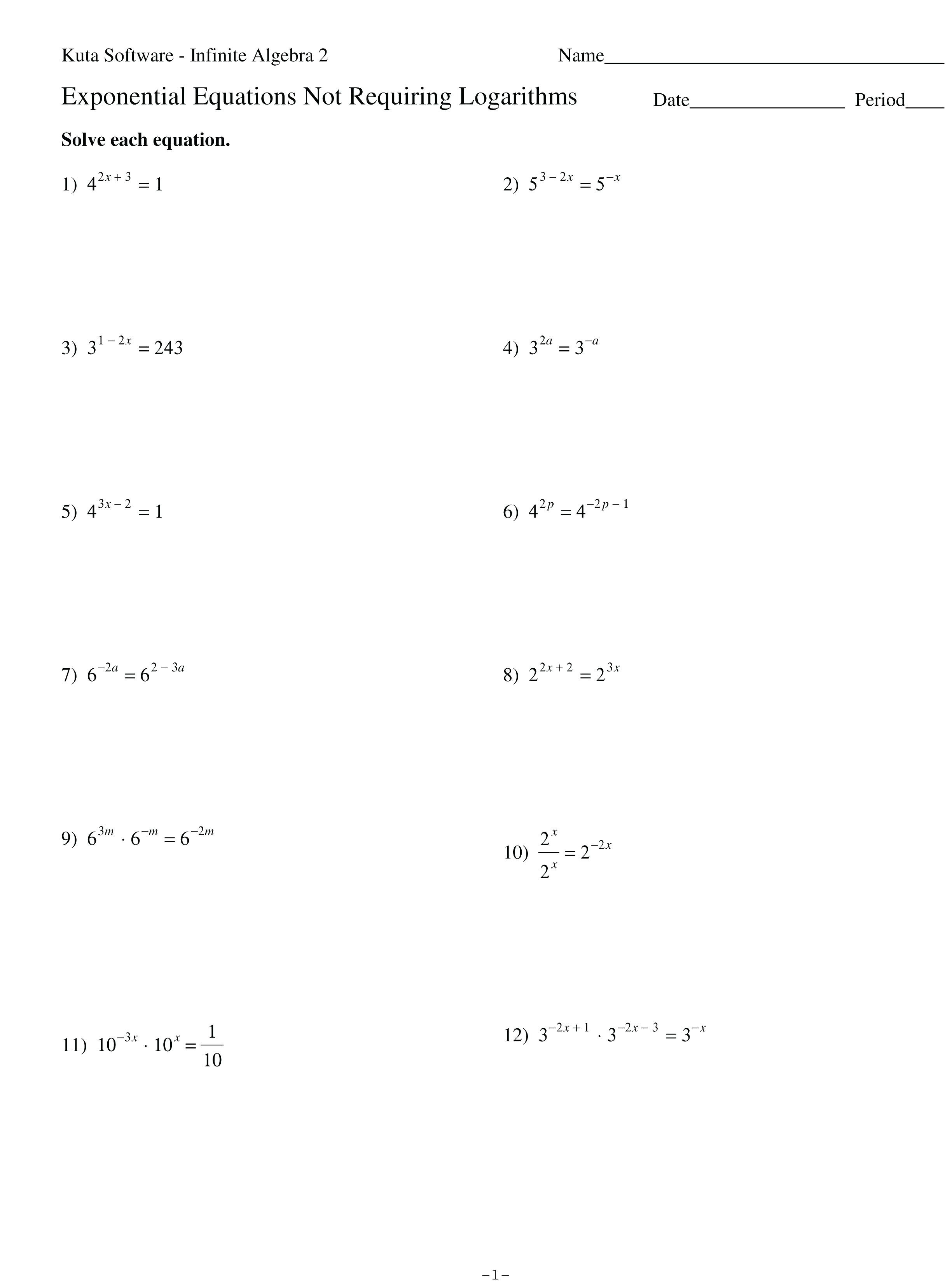 010 Printable Word Exponential Equations Worksheet Math