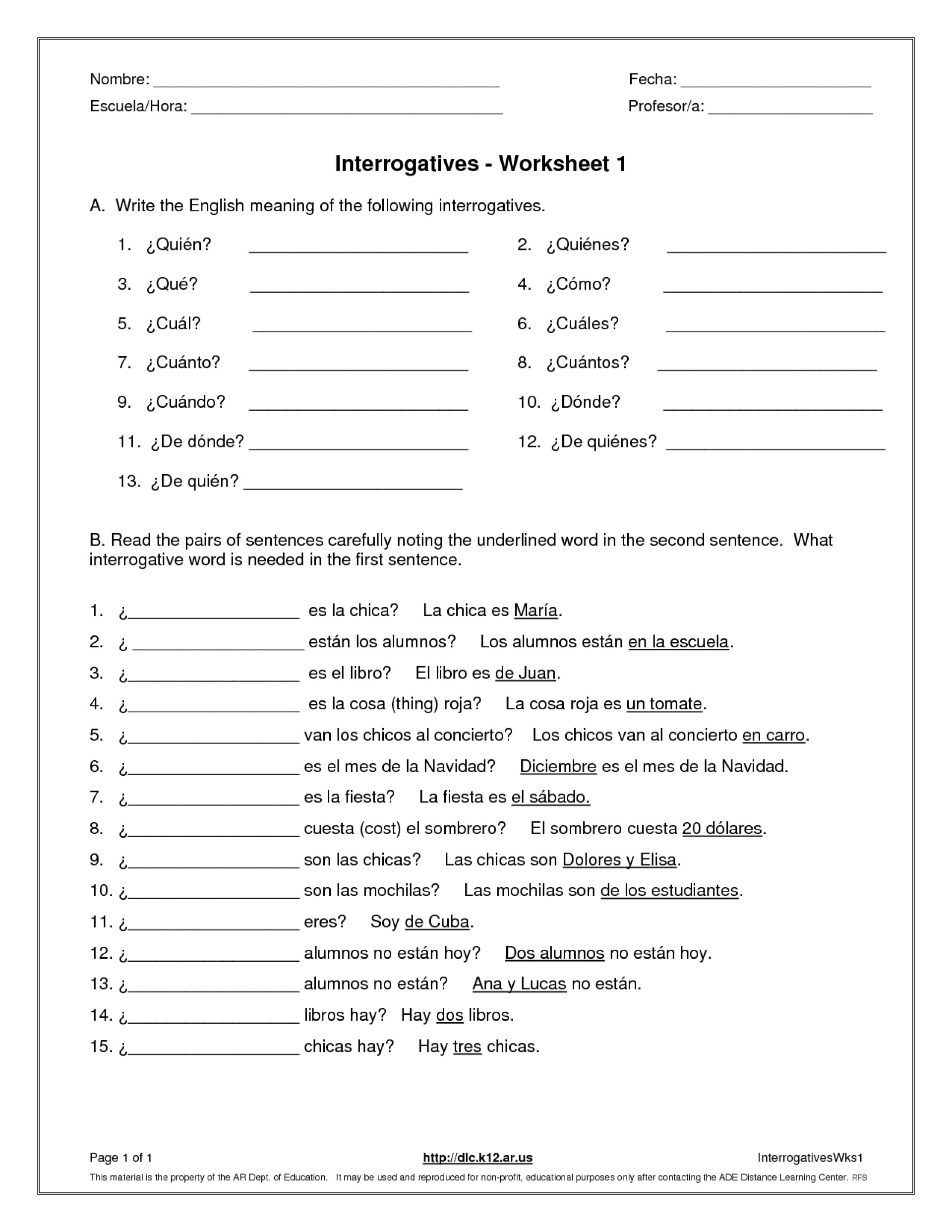 010 Spanish Questions Printable Shocking Question Words Word