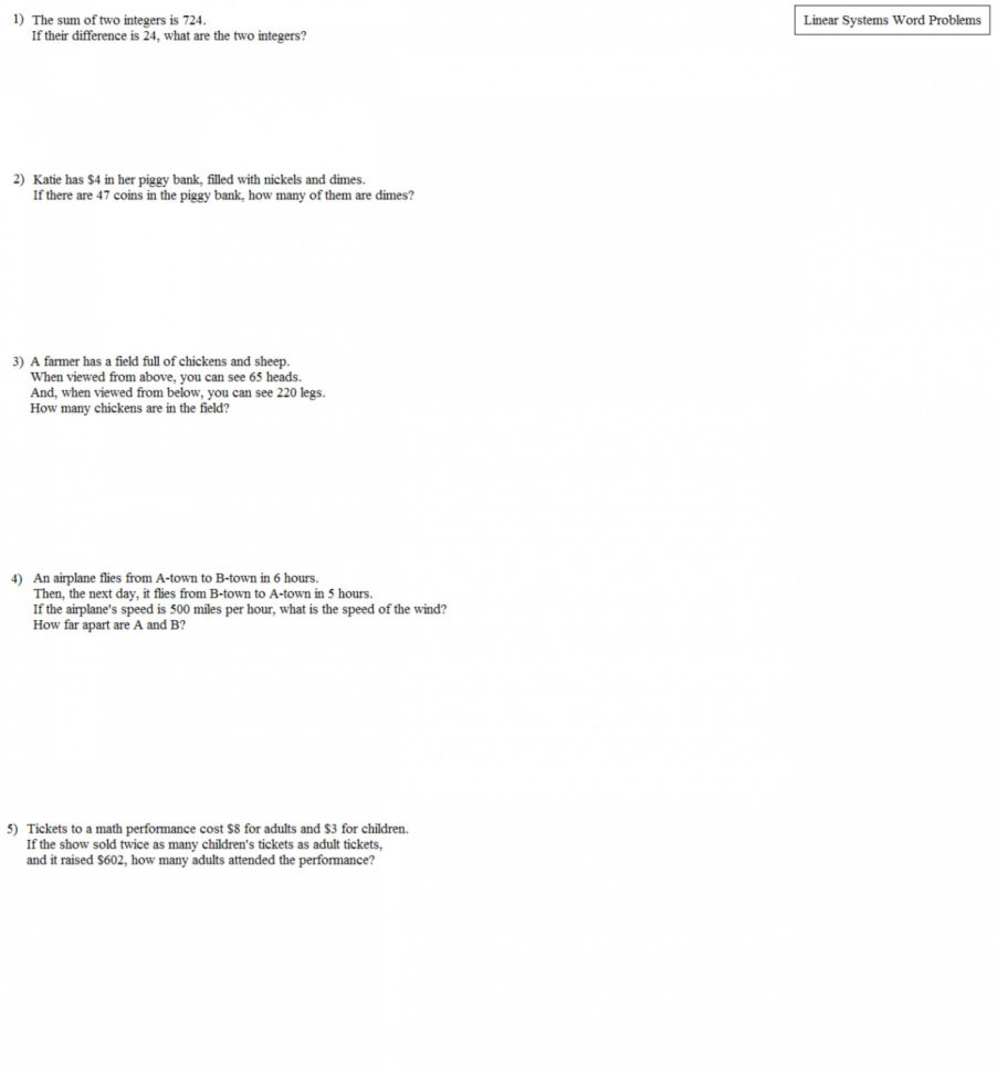 010 Systems Of Equations Word Problems Printable Shocking