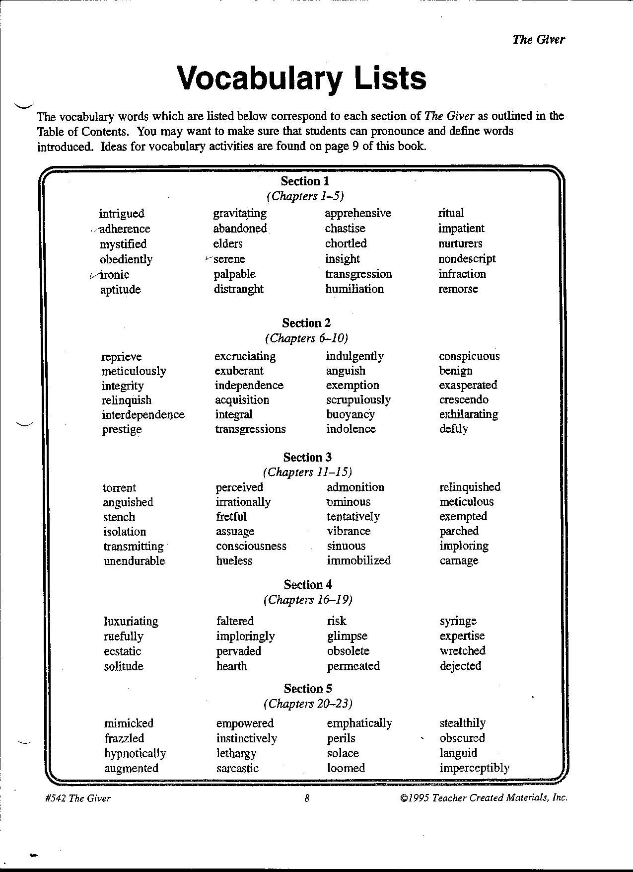 011 Tmsla8 The Giver Assignments Worksheets L Essay Example