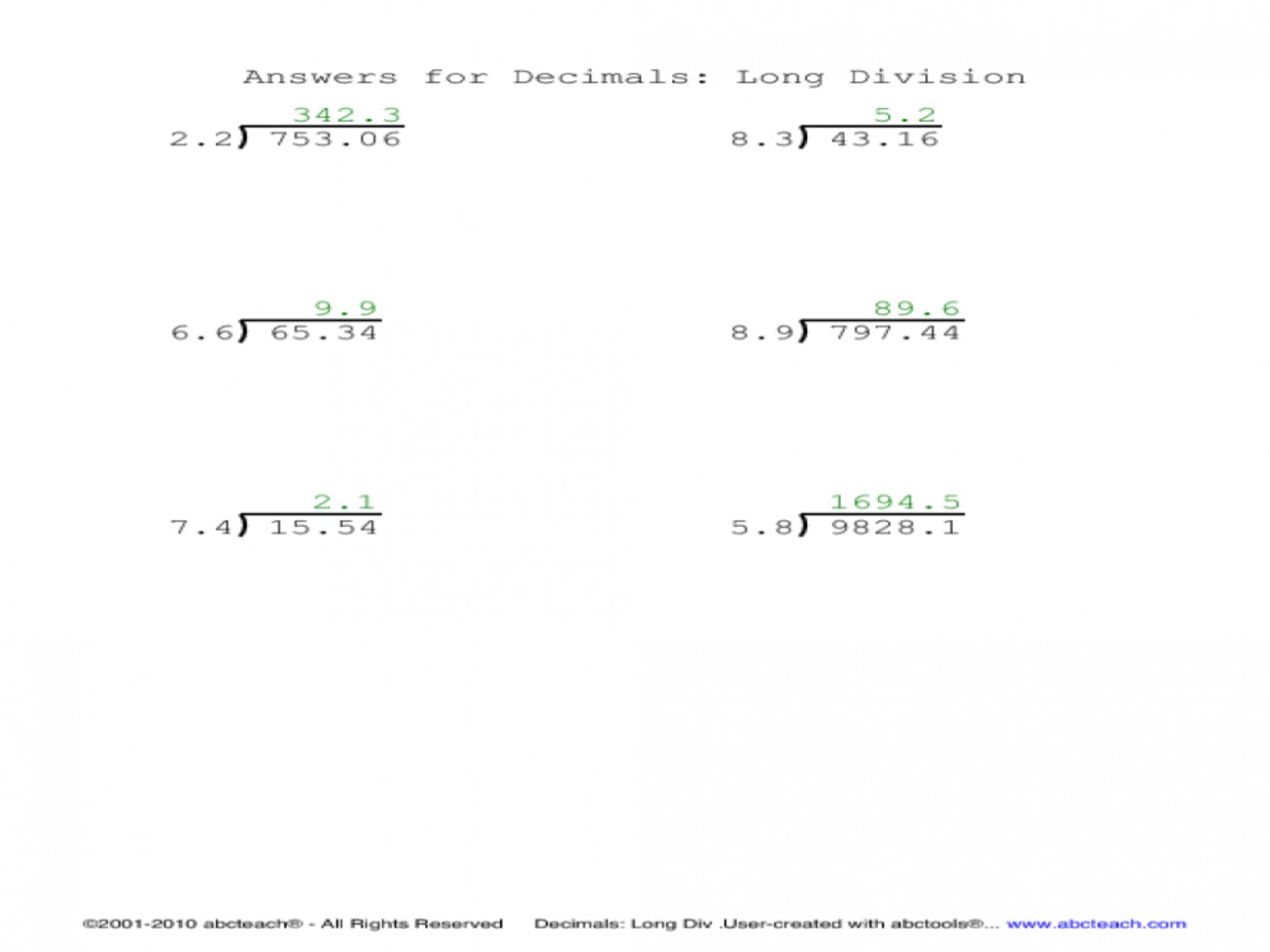 012 Worksheet Long Division With Decimals Decimal Worksheets