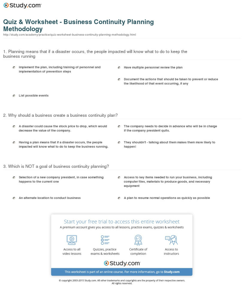 013 Business Plan Quiz Worksheet Continuity Planning Methodology