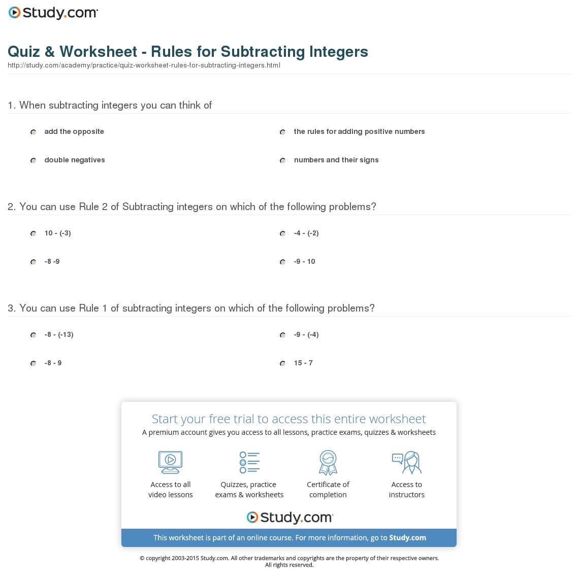 013 Subtract Integers Worksheet Quiz Rules For Impressive