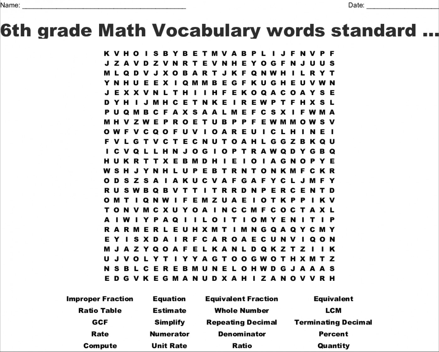 6th Grade Math Vocabulary Worksheets Pdf