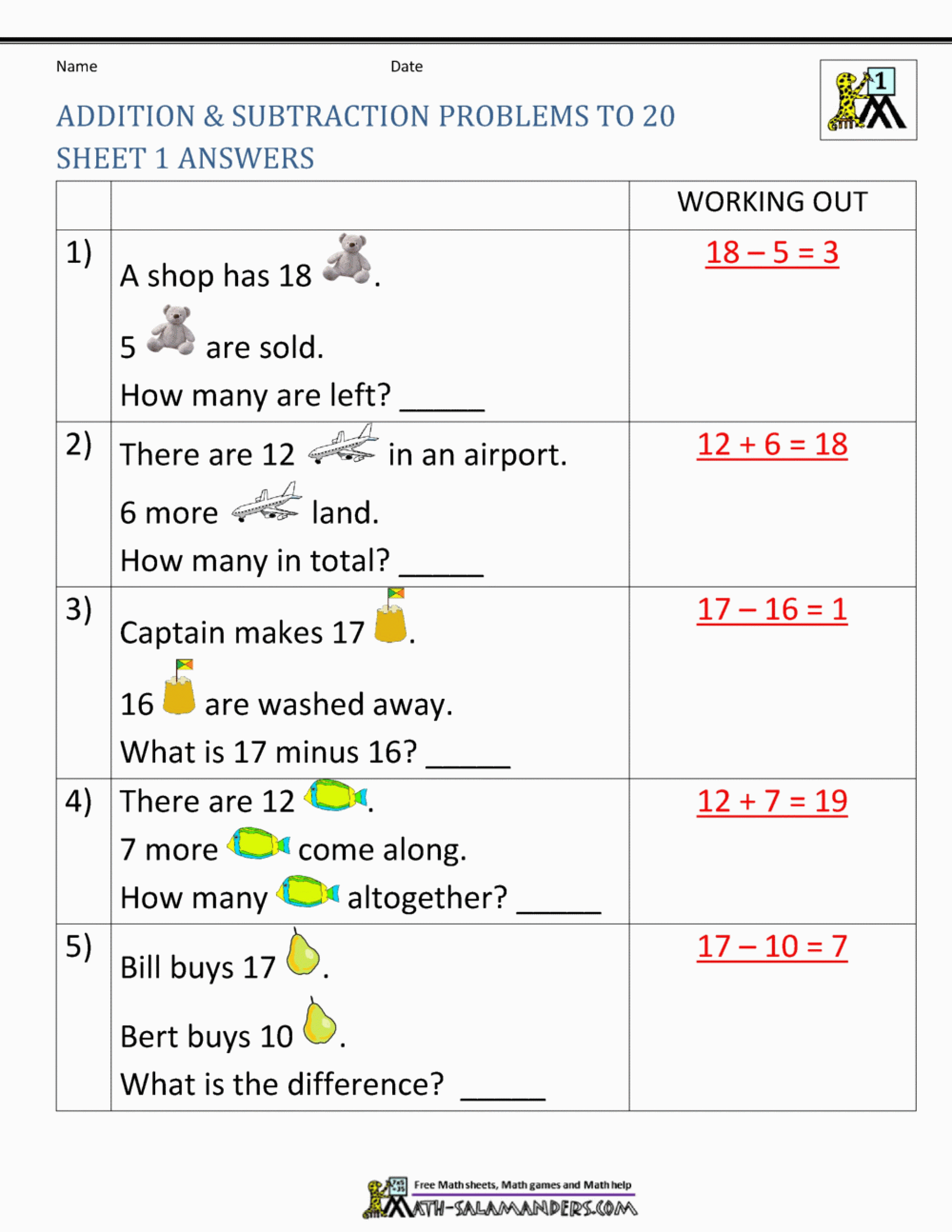 014 Printable Word Ft Grade Addition Subtraction Problems