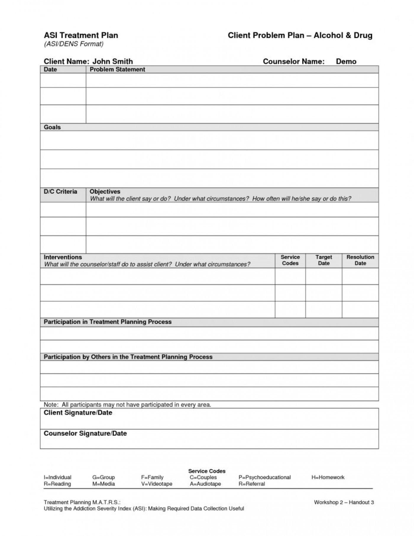 Counselling Treatment Plan Template