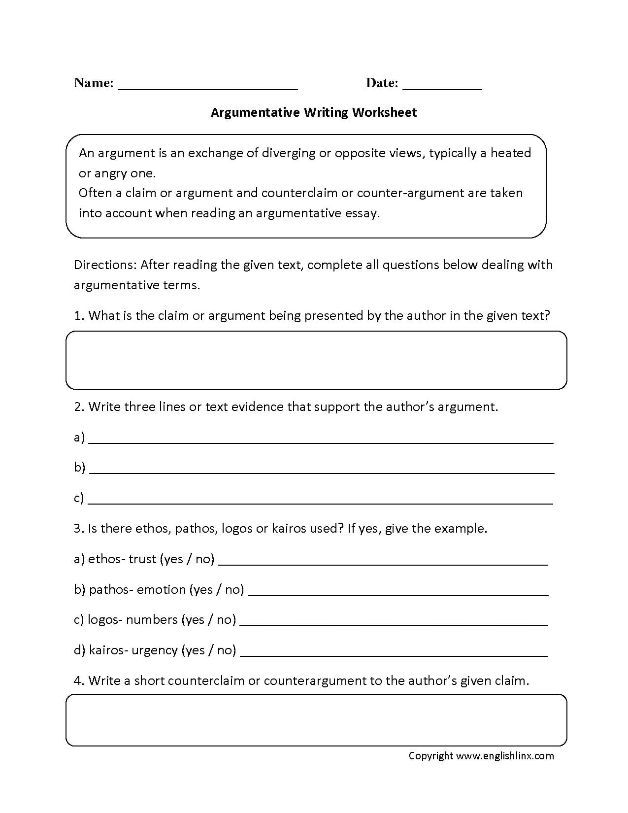 016 Argumentative Writing Worksheet Essay Example How To